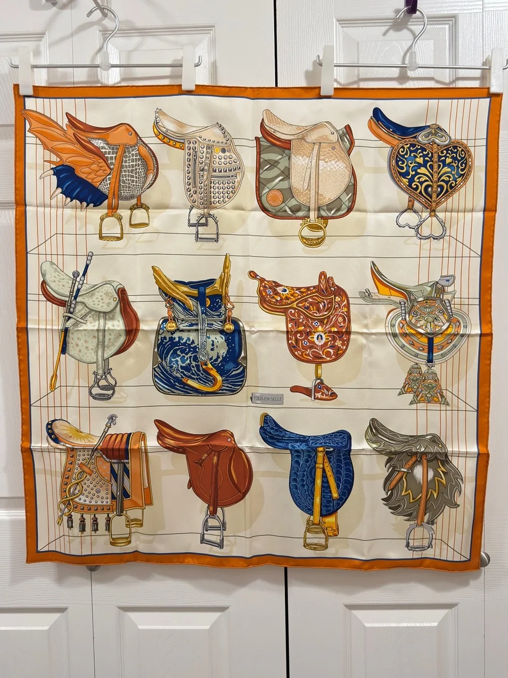 Hermes 90cm Tous En Selle - Cream & Orange Scarf